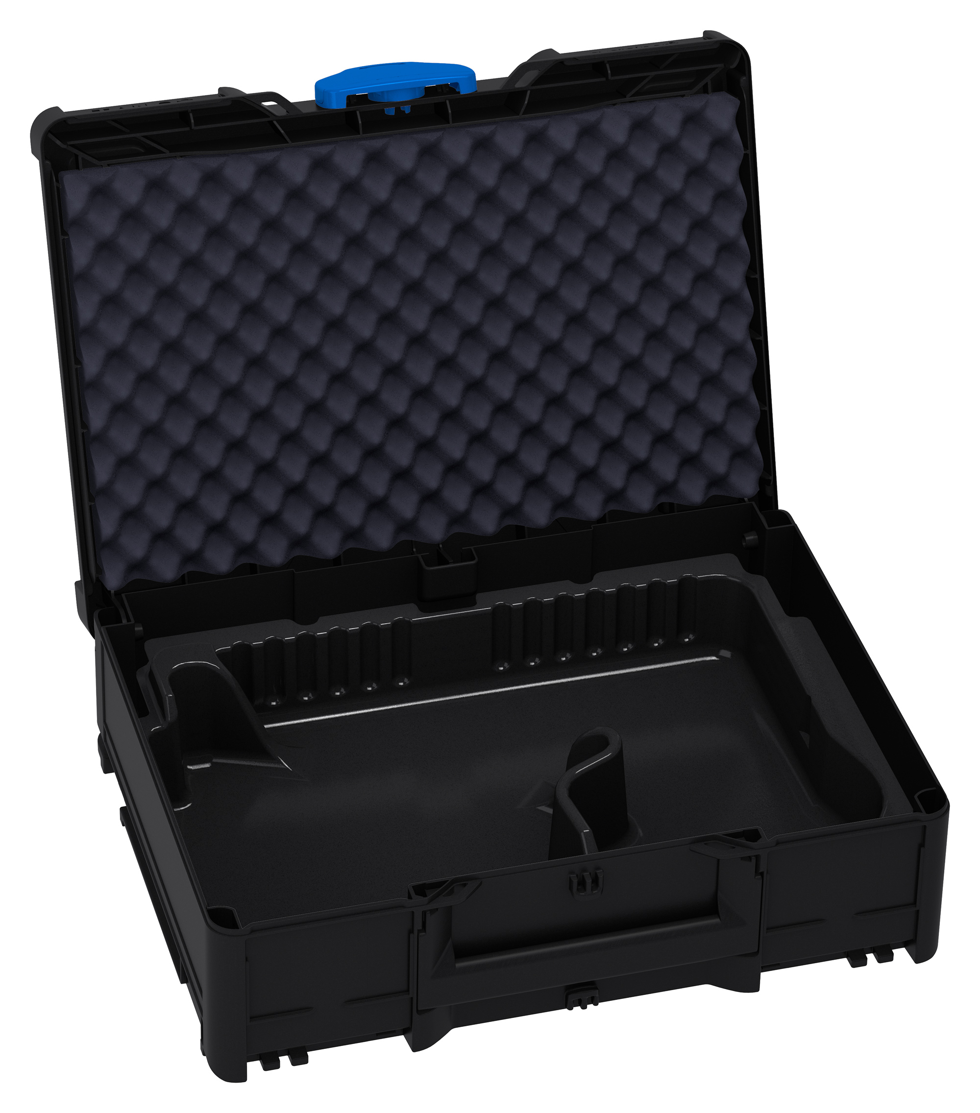 Korpus Farbe: Schwarz (RAL 9004) - Griff Farbe: Lichtgrau (RAL 7035) - Verschluss Farbe: Signalblau (HKS 43 K)