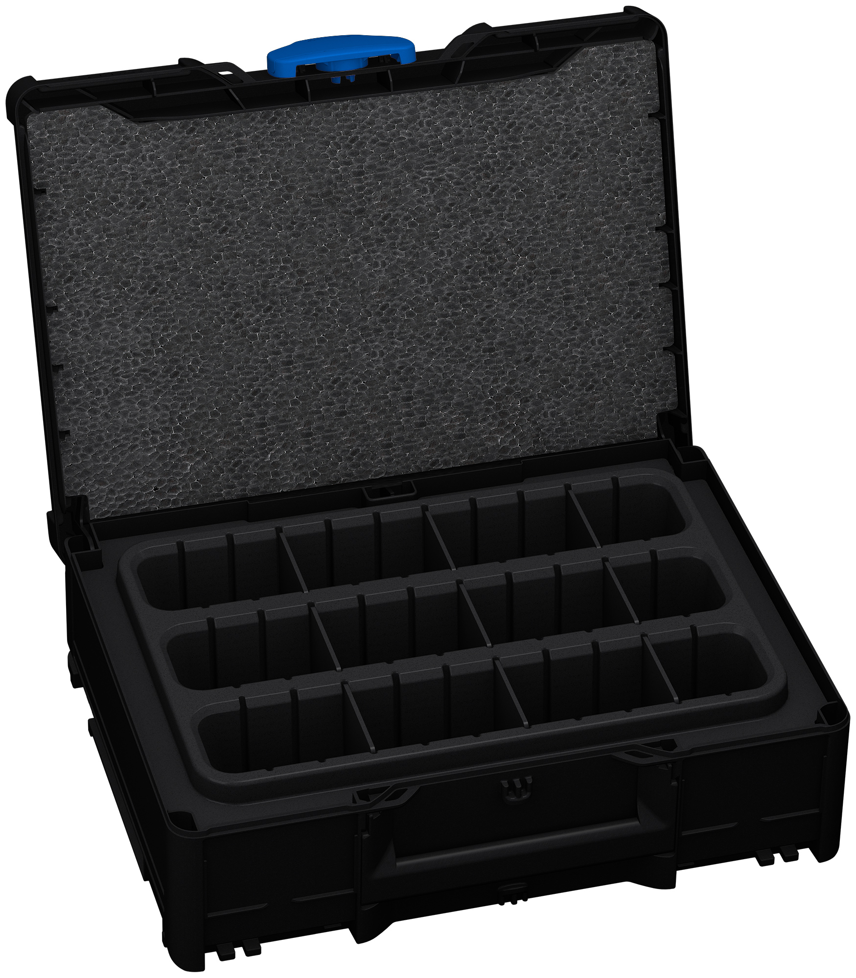 Korpus Farbe: Schwarz (RAL 9004) - Griff Farbe: Lichtgrau (RAL 7035) - Verschluss Farbe: Signalblau (HKS 43 K)