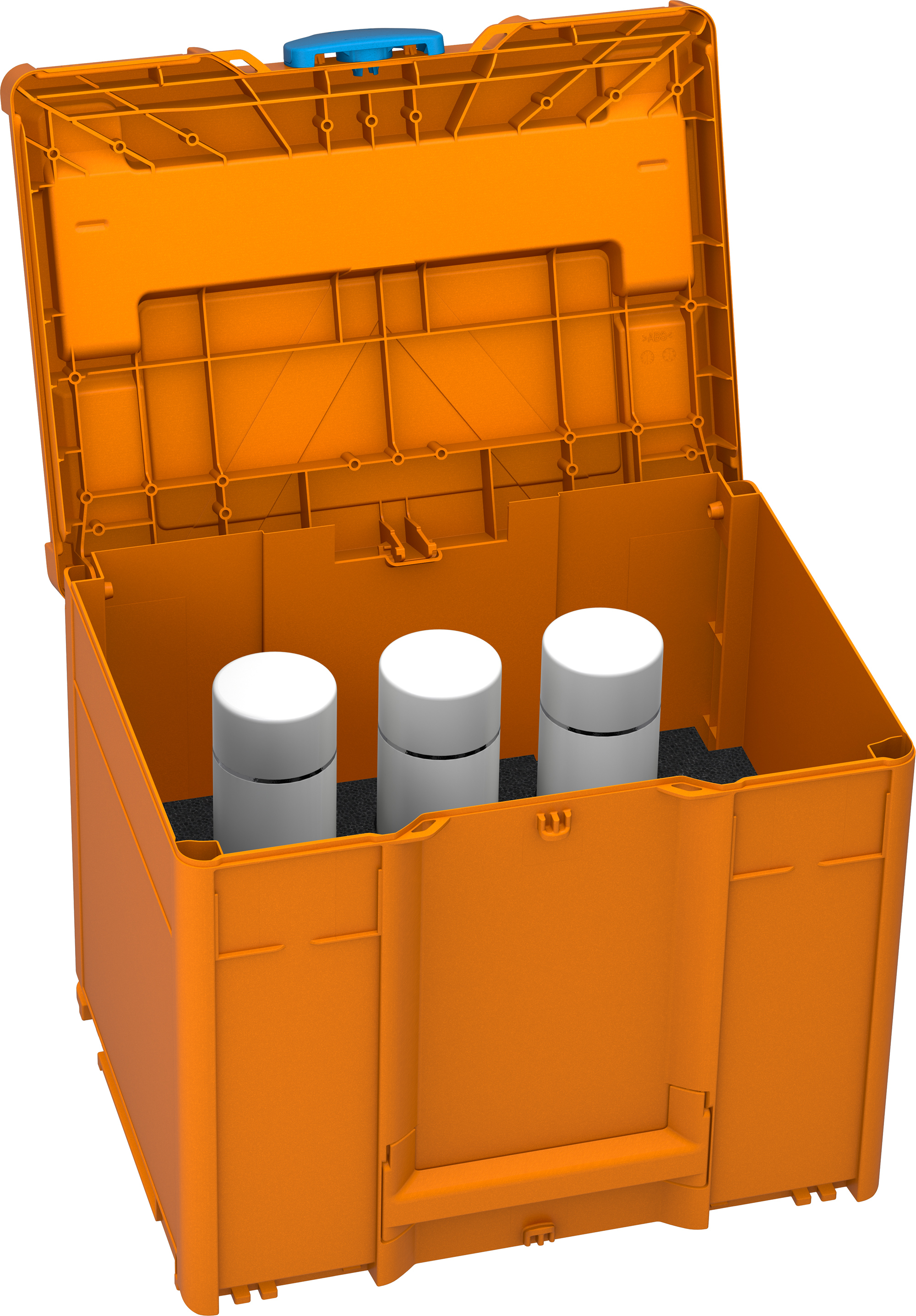 Korpus Farbe: Tieforange (RAL 2011) - Griff Farbe: Weiß (RAL 9016) - Verschluss Farbe: Himmelblau (RAL 5015)