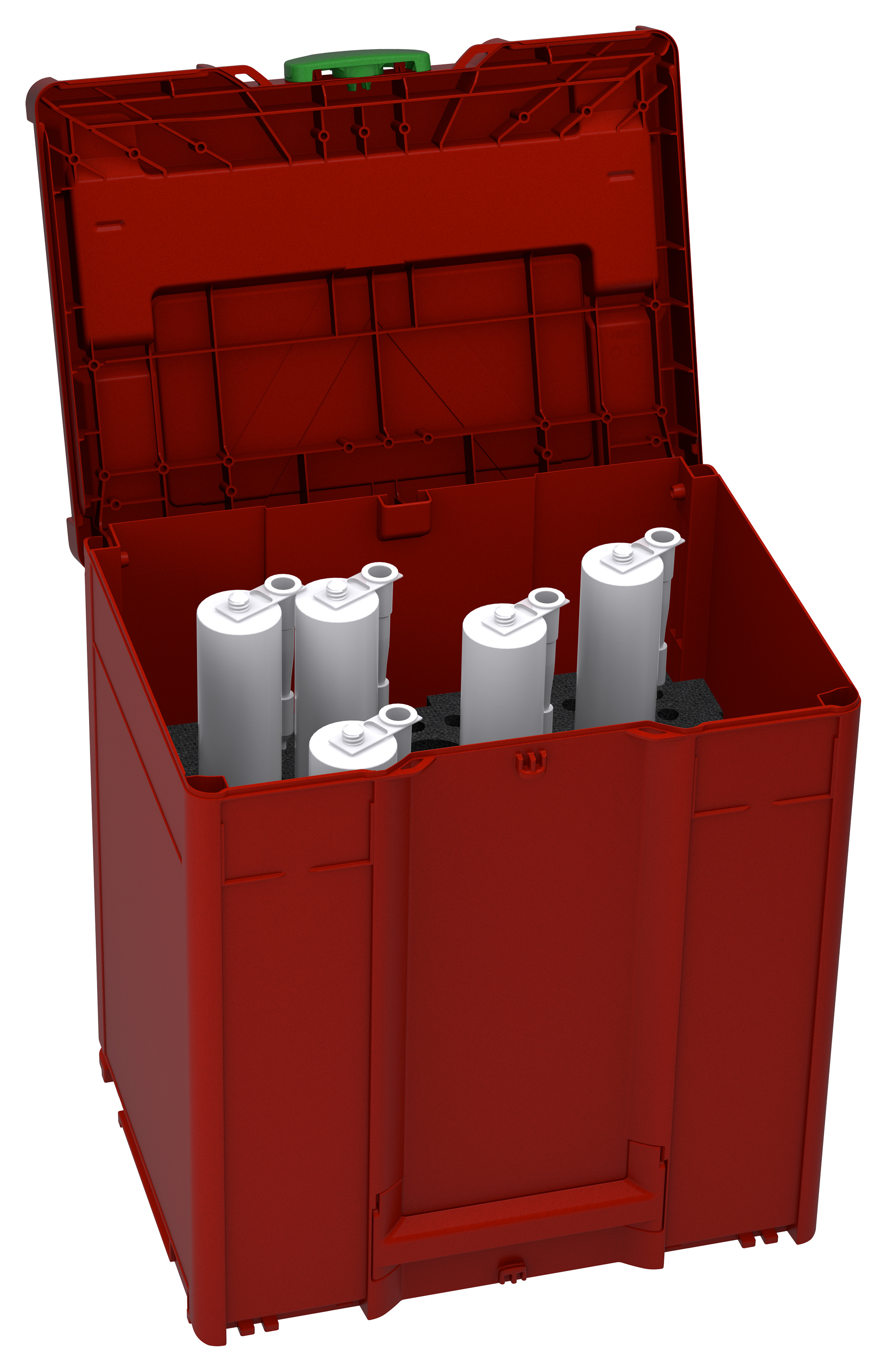 Korpus Farbe: Karminrot (RAL 3002) - Griff Farbe: Saphirblau (RAL 5003) - Verschluss Farbe: Smaragdgrün (RAL 6001)