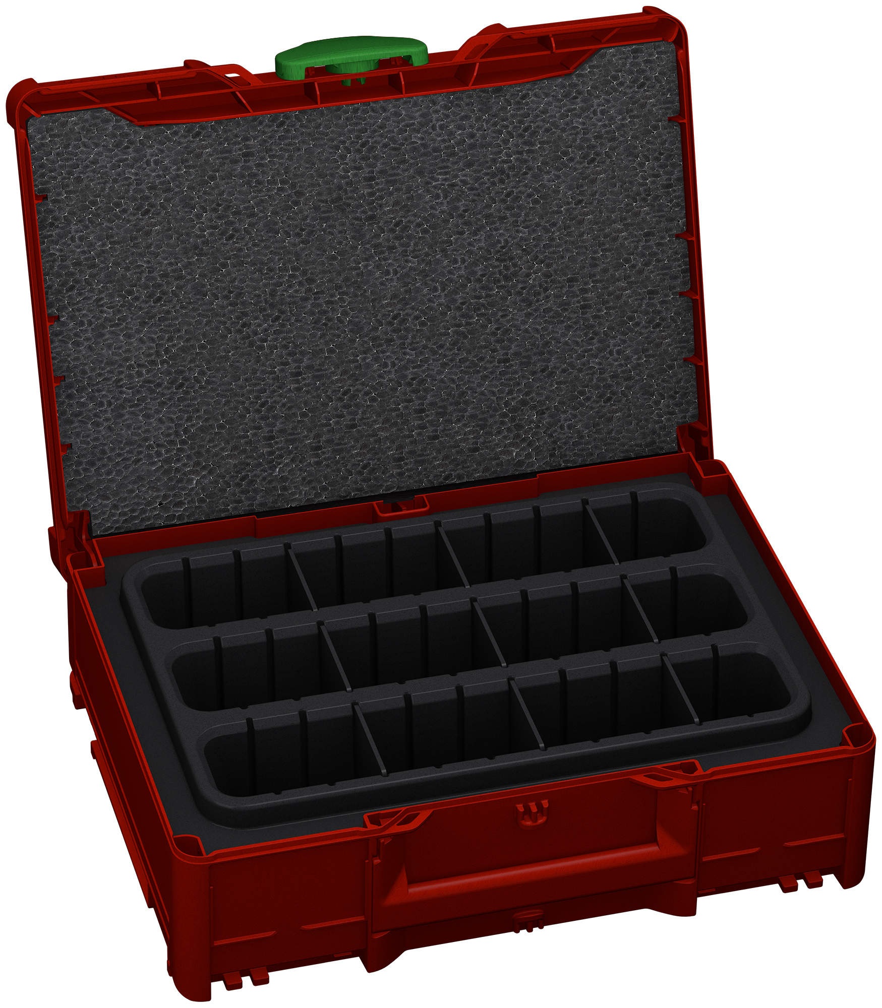 Korpus Farbe: Karminrot (RAL 3002) - Griff Farbe: Karminrot (RAL 3002) - Verschluss Farbe: Smaragdgrün (RAL 6001)