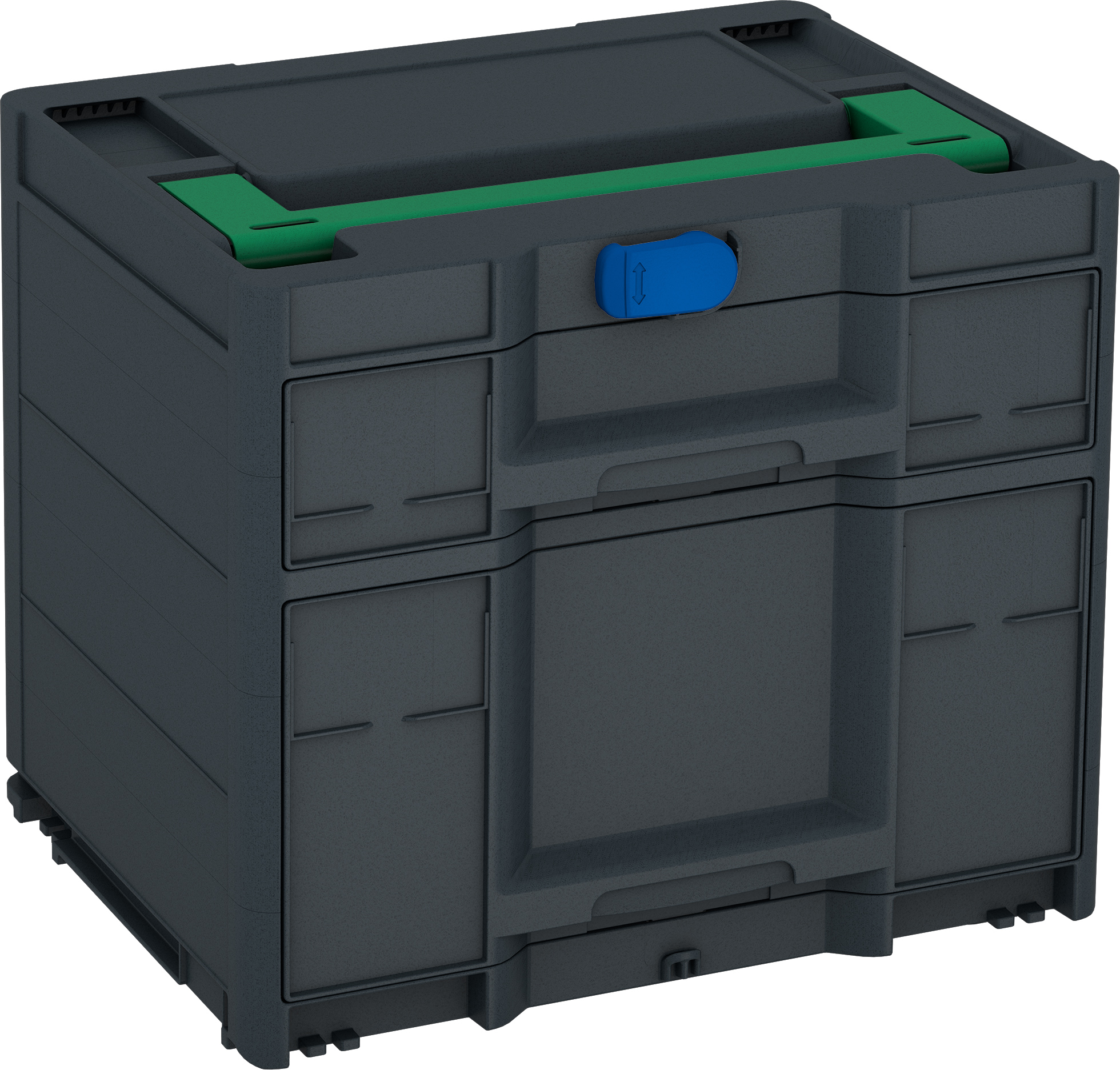 Kleur frame: Antraciet (RAL 7016) - Kleur handgreep: Signaalgroen (HKS 54 K) - Kleur bevestigingsmiddel: Signaalblauw (HKS 43 K)