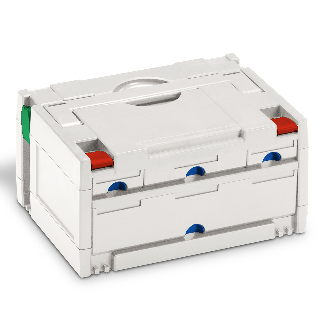 Korpus Farbe: Lichtgrau (RAL 7035) - Schnappverschlussfarbe vorne: Karminrot (RAL 3002) - Schnappverschlussfarbe hinten: Signalgrün (HKS 54 K)