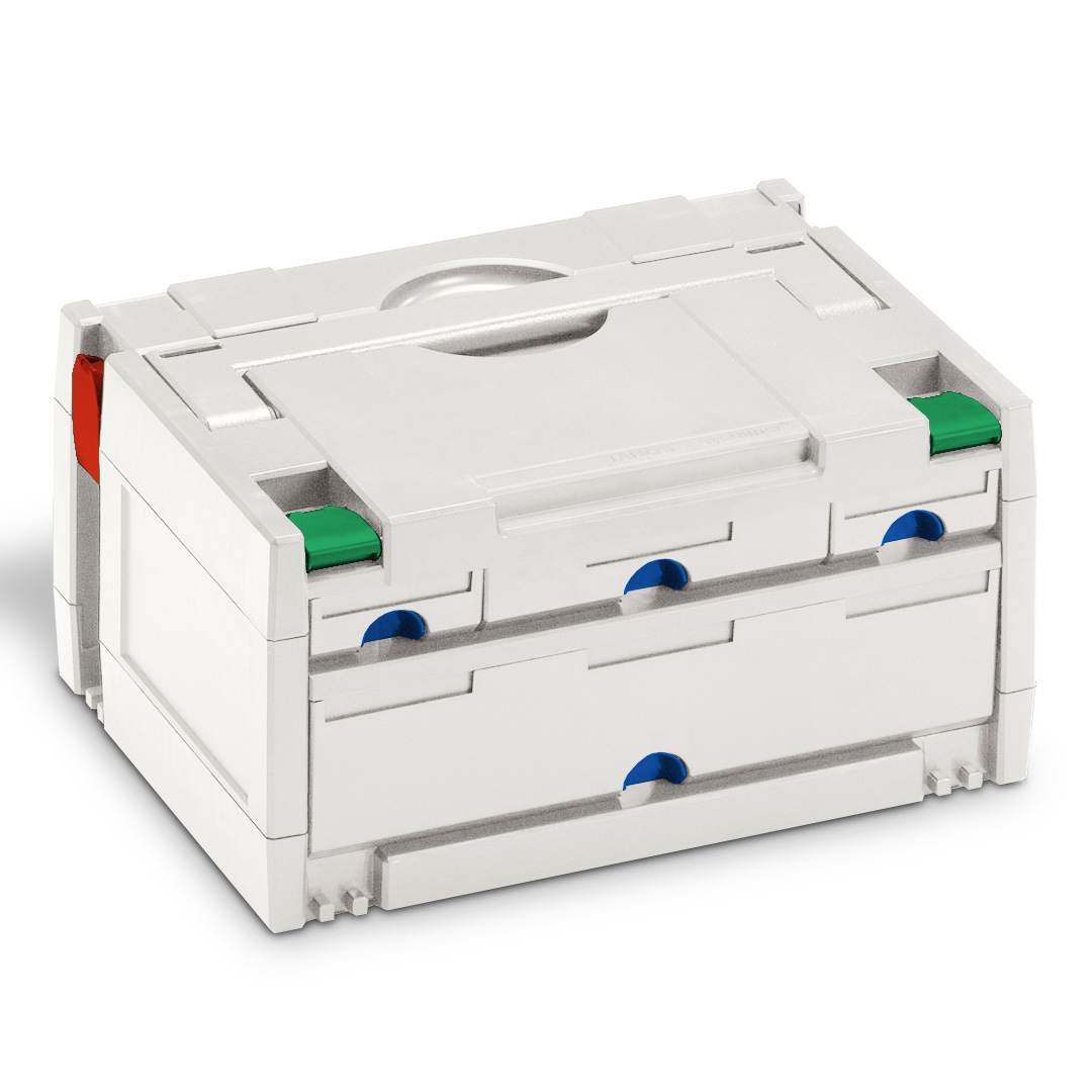 Corps Couleur: gris clair (RAL 7035) - Latch color front: vert signal (HKS 54 K) - Latch color back: rouge carmin (RAL 3002)