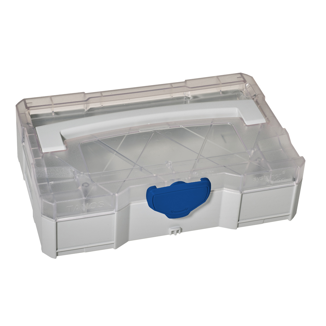 MINI-systainer® T-Loc I mit transparentem Deckel - Korpus Farbe: Lichtgrau (RAL 7035) - Verschluss Farbe: Signalblau (HKS 43 K)