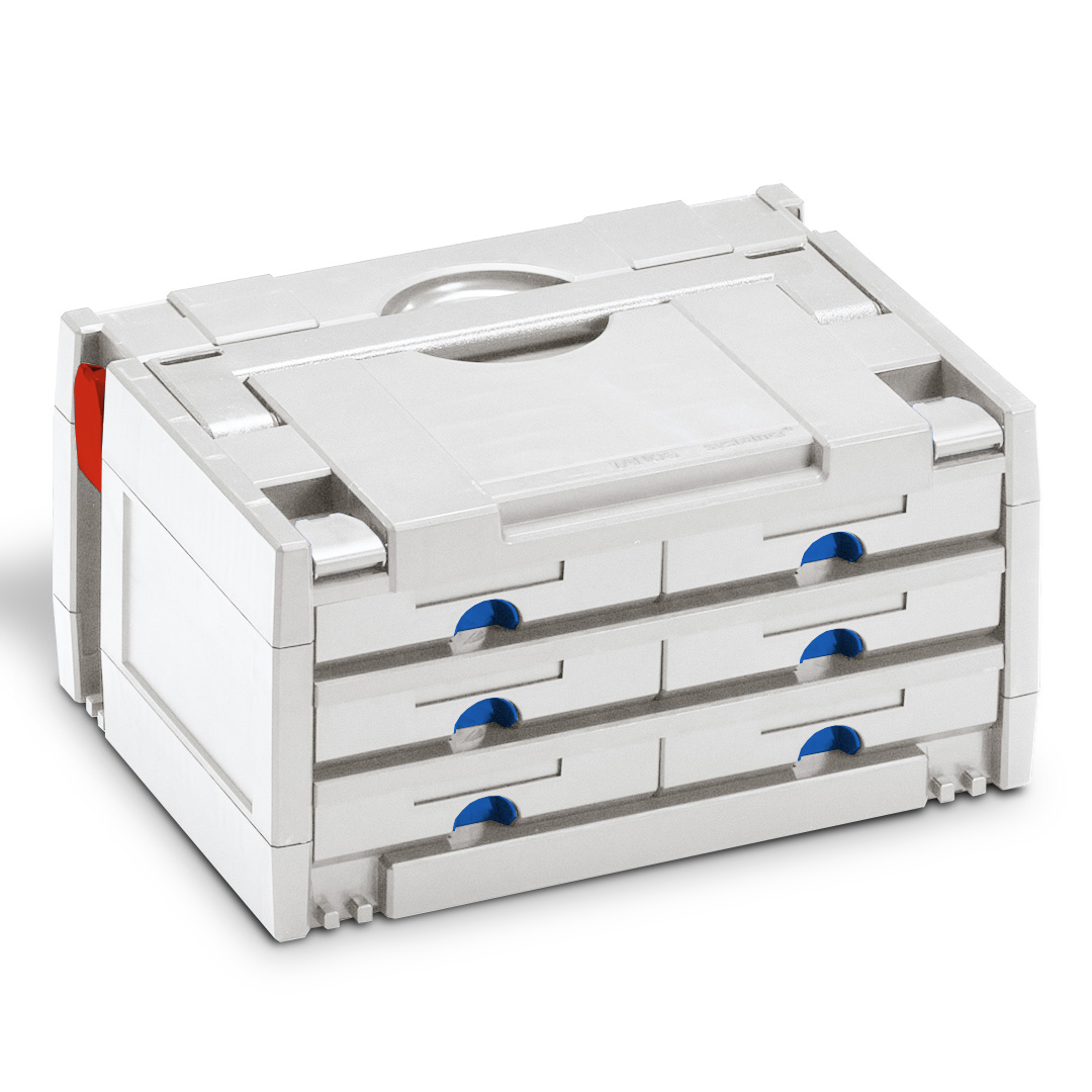 Korpus Farbe: Lichtgrau (RAL 7035) - Schnappverschlussfarbe vorne: lichtgrau (RAL 7035) - Schnappverschlussfarbe hinten: Karminrot (RAL 3002)