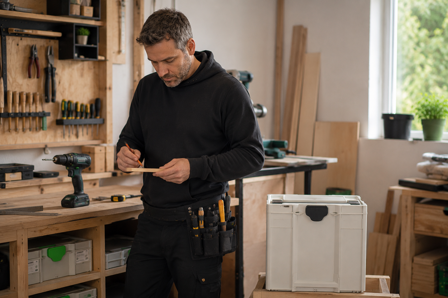 Heimwerker arbeitet mit ToolRig™ Werkzeugtaschen; ein systainer³ steht griffbereit daneben.