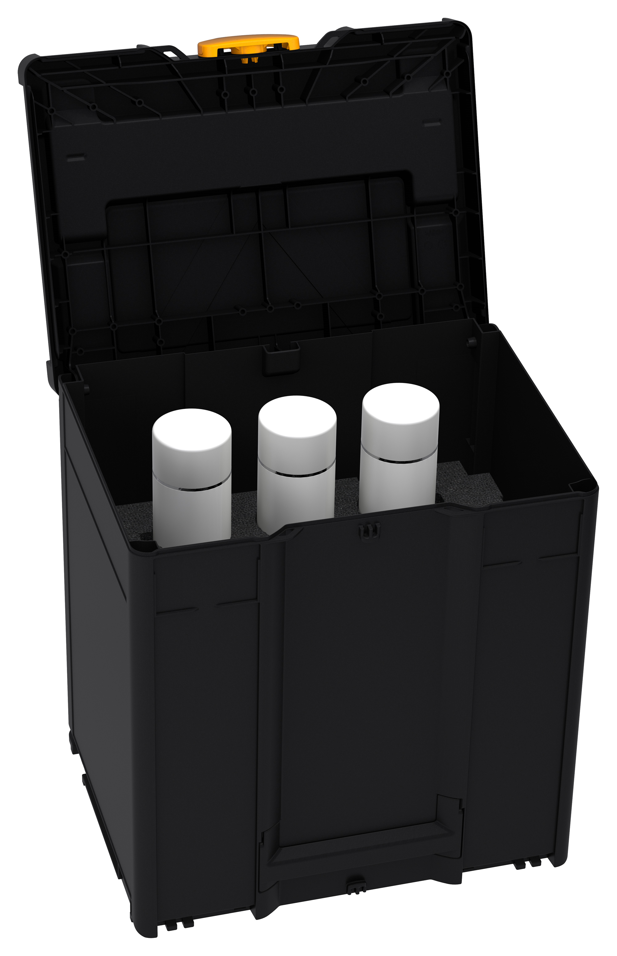 Korpus Farbe: Schwarz (RAL 9004) - Griff Farbe: Tieforange (RAL 2011) - Verschluss Farbe:  Narzissengelb (RAL 1007)