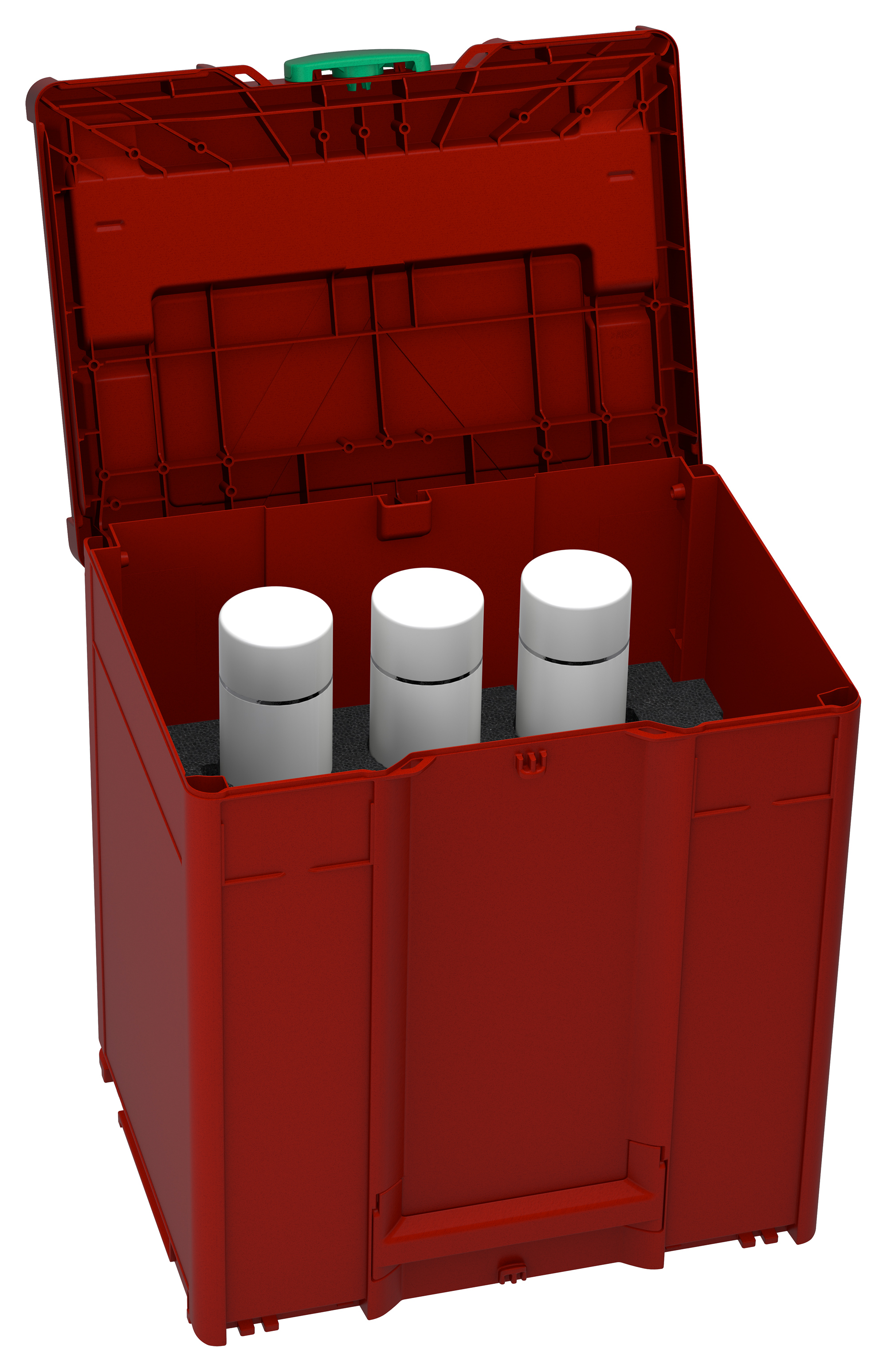 Corps Couleur: rouge carmin (RAL 3002) - Couleur de la poignée: gris clair (RAL 7035) - Couleur de la fermeture: vert signal (HKS 54 K)