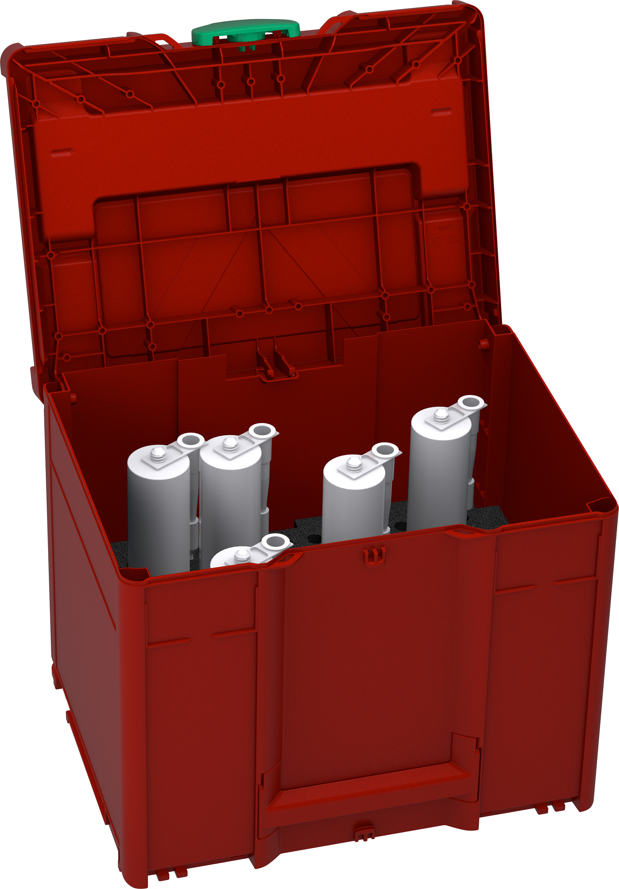 Korpus Farbe: Karminrot (RAL 3002) - Griff Farbe: Weiß (RAL 9016) - Verschluss Farbe: Signalgrün (HKS 54 K)